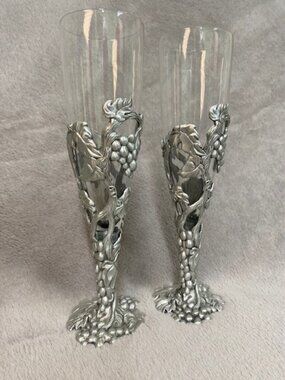 Vintage Seagull Pewter and Blown Glass Champagne Glasses Flutes Set of 2 Signed